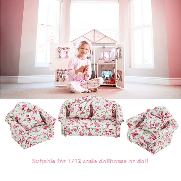 7pieces Miniature Sewing Set Floral Fabric Dollhouse Furniture Decor Pink